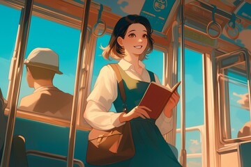 Happy young woman reading book on city bus ride, busy urban commuting public transport, anime illustration