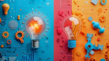 Canvas Print - A vibrant and creative collage of various light bulbs against contrasting blue and red backgrounds, representing innovation and technology.