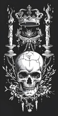 Tribal Skull and Crown Tattoo chain and candles black and white illustration