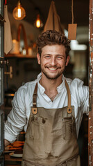 Sticker - A man with a beard and apron stands in front of a door