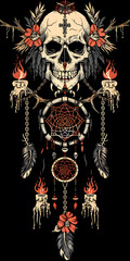 Tribal Skull and Dreamcatcher Tattoo chain and candles black and white illustration