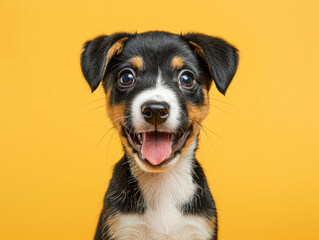 Wall Mural - A small dog with a black and brown coat is smiling and has its tongue out