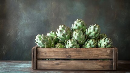 Sticker - A wooden box overflowing with green artichokes, set against a simple background, highlighting