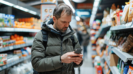 Sticker - Modern Man Using Smartphone to Scan Product Label in Grocery Store with Engaged Expression and Bright Indoor Lighting