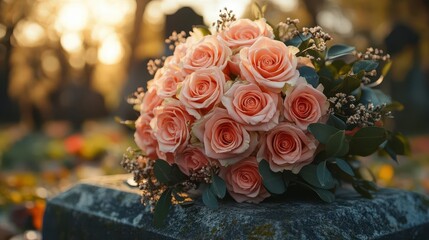 somber floral tribute elegant bouquet rests on cemetery gravestone muted colors and soft focus create respectful contemplative atmosphere for funeral or memorial concept