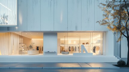 Poster - The image showcases a minimalist storefront with large glass windows, featuring elegant clothing and accessories in a clean, modern setting.