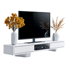 Wall Mural - A minimalist TV stand with cable management, living room furniture, sleek design, white gloss finish, isolated on white background. 