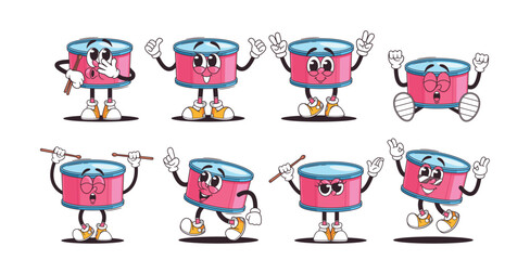 Wall Mural - Set Of Retro Cartoon Drum Characters Expressing Different Emotions And Poses. Pink Adorable Drum Instrument
