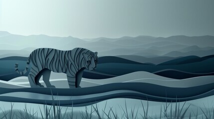 Paper cut-out of a tiger walking through a stylized landscape, symbolizing endangered species, wildlife conservation, and the protection of rare animals.