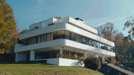 Wall Mural - A contemporary white three-story house featuring expansive windows and framed by lush green trees on a bright sunny day.