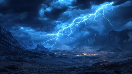 Wall Mural - A dramatic landscape illuminated by lightning amidst dark clouds and rugged terrain.