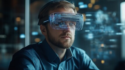 Man using augmented reality headset for product design. AR in prototyping, virtual development, tech innovation, immersive design, modern engineering concept.