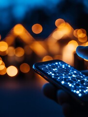 A close-up of a smartphone displaying a glowing network pattern amidst a blurred background of warm lights.