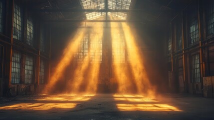 vast abandoned warehouse interior dramatic shafts of light piercing through dusty air creating ethereal atmosphere industrial decay meets haunting beauty