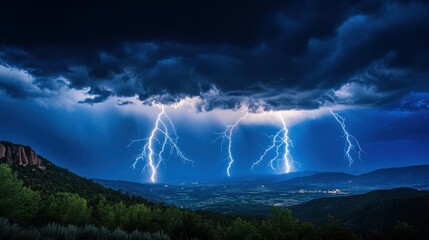 Wall Mural - A dramatic lightning storm illuminating a mountainous landscape at dusk.