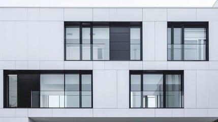 A contemporary apartment building featuring smooth panels and expansive windows, presenting a sleek and minimalist architectural design.