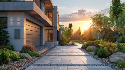 Poster - A modern luxury home featuring extensive glass windows and a beautifully landscaped garden, illuminated by the warm light of sunrise, exemplifying serene and upscale living.