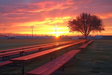 Wall Mural - Bleachers and a Tree at Sunset Over a Football Field