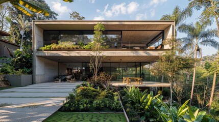 Canvas Print - This image features a contemporary house set on a hillside, with extensive use of glass, surrounded by lush tropical vegetation and palm trees.