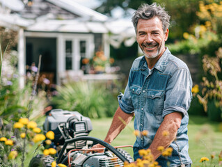 Poster - Happy Middle-Aged Man Mowing Yard in Bright Sunshine with Well-Kept Garden Background