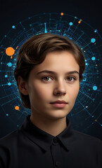 human face with data background in digital abstract design