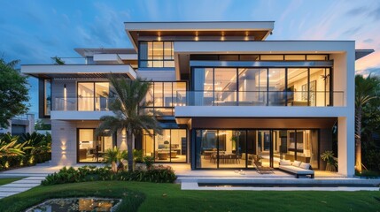 Sticker - A luxurious modern house with extensive glass walls and a palm tree in the foreground, reflecting the twilight sky, exuding elegance and tranquility.