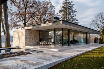 Sticker - A serene modern glass house surrounded by trees with a patio area, highlighting minimalistic architectural design and a tranquil environment.