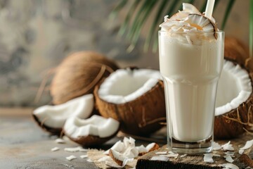 Wall Mural - Refreshing glass of coconut milk adorned with coconut flakes, surrounded by whole and cracked coconuts, evokes a tropical and healthy vibe