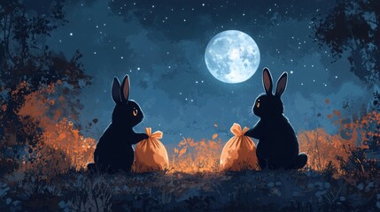 Two black rabbits holding orange gift bags, sitting under a bright full moon in a mystical, starry night setting.