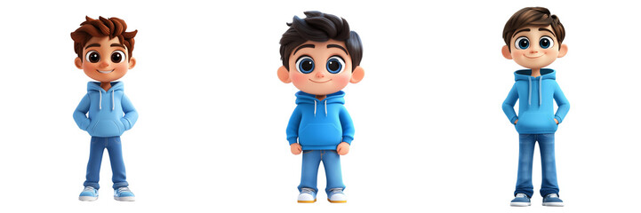  Set of 3D cartoon boy with big eyes and a friendly smile, wearing a bright blue hoodie and blue jeans isolated on a transparent background