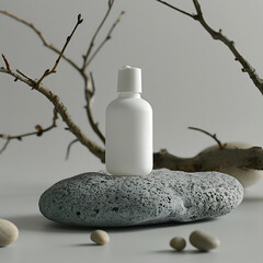 Product Photography of Burta Bees and Expensive Organic Blank Empty White Lotion Bottle Mockup on a Stone Podium with Natural Elements and Trendy Colors. Branches with Bloom.