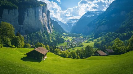 Wall Mural - Spectacular view of Lauterbrunnen valley on a bright sunny day, Switzerland