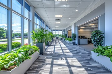 Wall Mural - Modern Office Hallway with Large Windows and Greenery