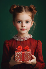 Wall Mural - Portrait of cute girl with Christmas dress and holding gift box on color background.