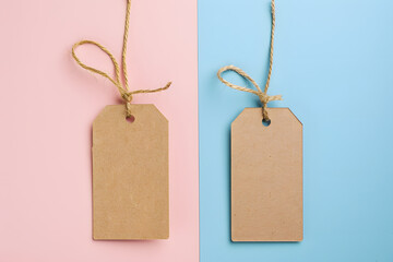 Two paper tags on color background.