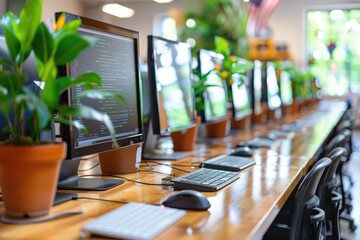 row of computers with code on screen in a modern office setting