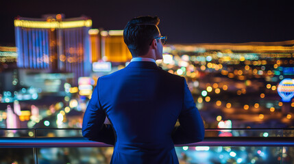 Elegant man is standing on a balcony at night, looking at the illuminated cityscape of Las Vegas