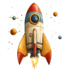 A rocket ship clipart, space element, retro sci-fi style, bright primary colors, isolated on white background