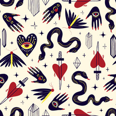  Bright funny magic pattern with bizarre mystical spooky symbols. Background with Magic symbols in a trendy cartoon style