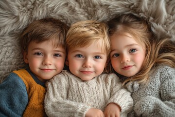 young siblings laying on the furry blanket and kissing their little brother, brothers and sister love, Generative AI