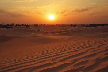 Wall Mural - Sunset over Sandy Desert Dunes with a Golden Sky