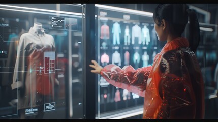 Canvas Print - A cutting-edge augmented reality interface designed for shopping, featuring a woman in red interacting seamlessly with virtual displays.