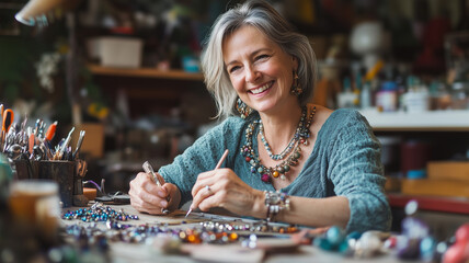 A passionate artisan woman creating a custom piece of gemstone jewelry, her smile bright in the warm glow of her home workshop, tools and gems around her. Ai generated