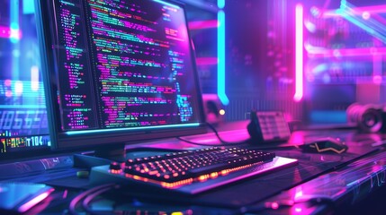 Canvas Print - This image features a neon-lit computer workstation with coding visible on the screen, set in a vibrant, futuristic tech ambiance ideal for tech and programming themes.