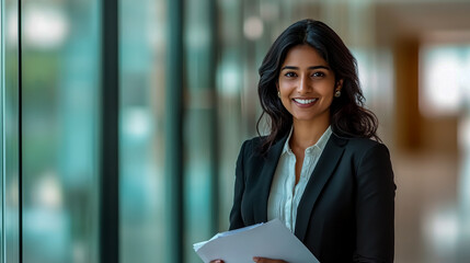 Wall Mural - A beautiful businesswoman with dark hair, in an office suit, smiles while holding documents.