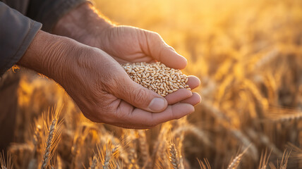 Senior farmer's hands close-up holding wheat grains, against a field of golden wheat ears illuminated by the soft, warm light of the setting sun. Ai generated