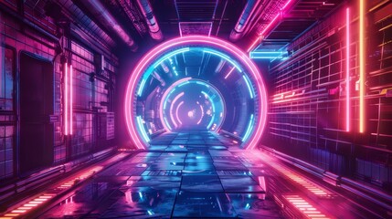 Wall Mural - A futuristic, neon-lit sci-fi corridor featuring a glowing circular entryway, showcasing advanced technology elements and sleek designs.