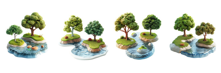 Set of 3D render of nature icons such as a tree, a river isolated on a transparent background