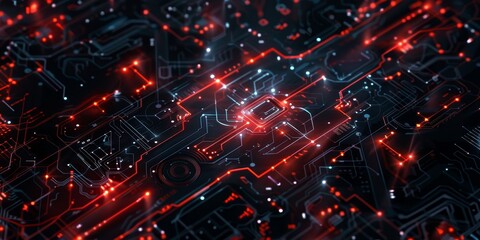 Canvas Print - An intricate circuit-like pattern with red glowing highlights, depicting the flow of digital data and technology elements.