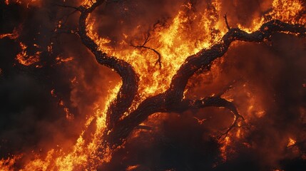 A fiery blaze engulfing a twisted tree, highlighting the destructive force of nature.